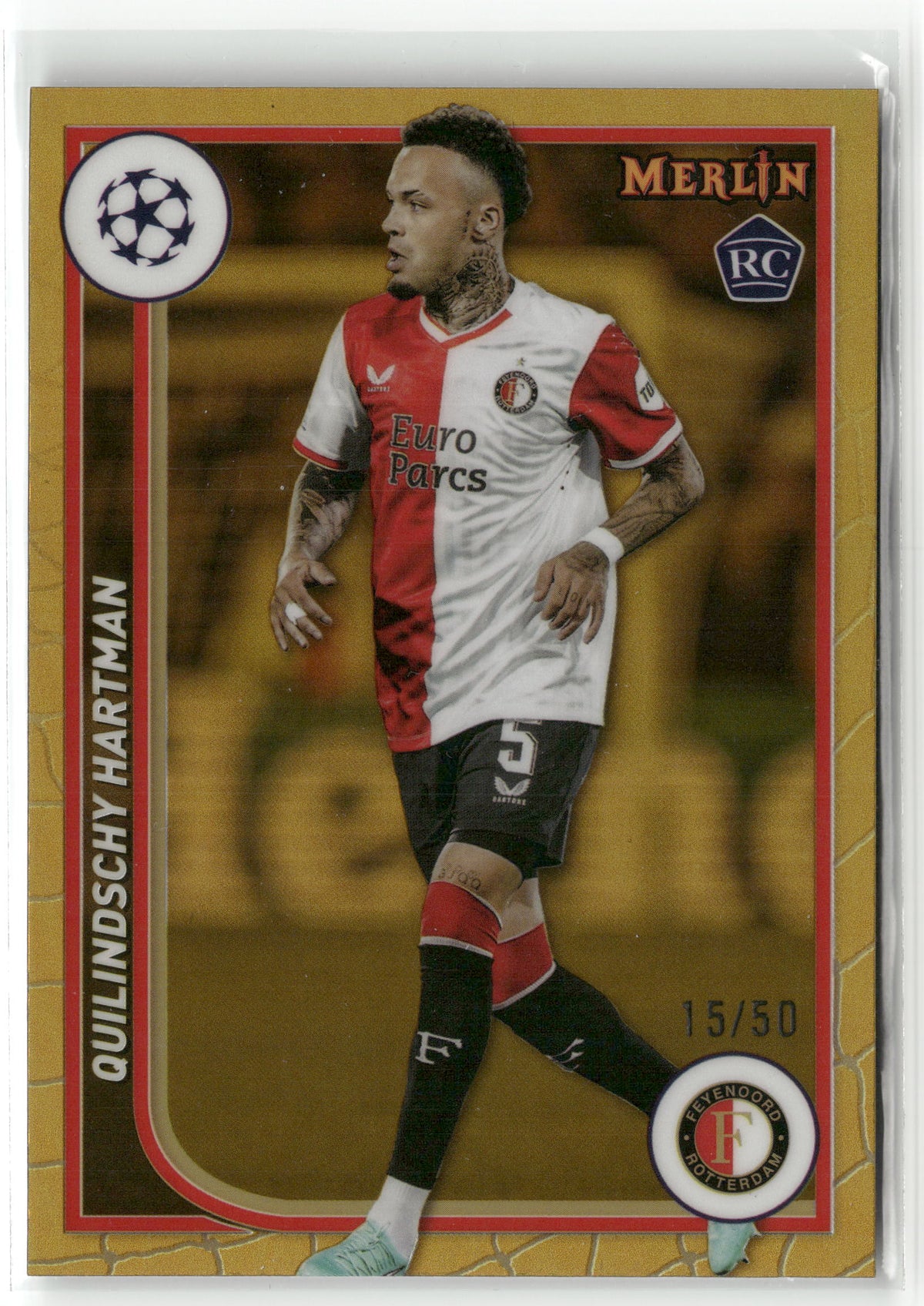 Fußball Quilindschy Hartman Topps Merlin UEFA Champions League 2024 #55 Gold 15/50 Feyenoord Rotterdam Rookie Card RC Trading Card Original