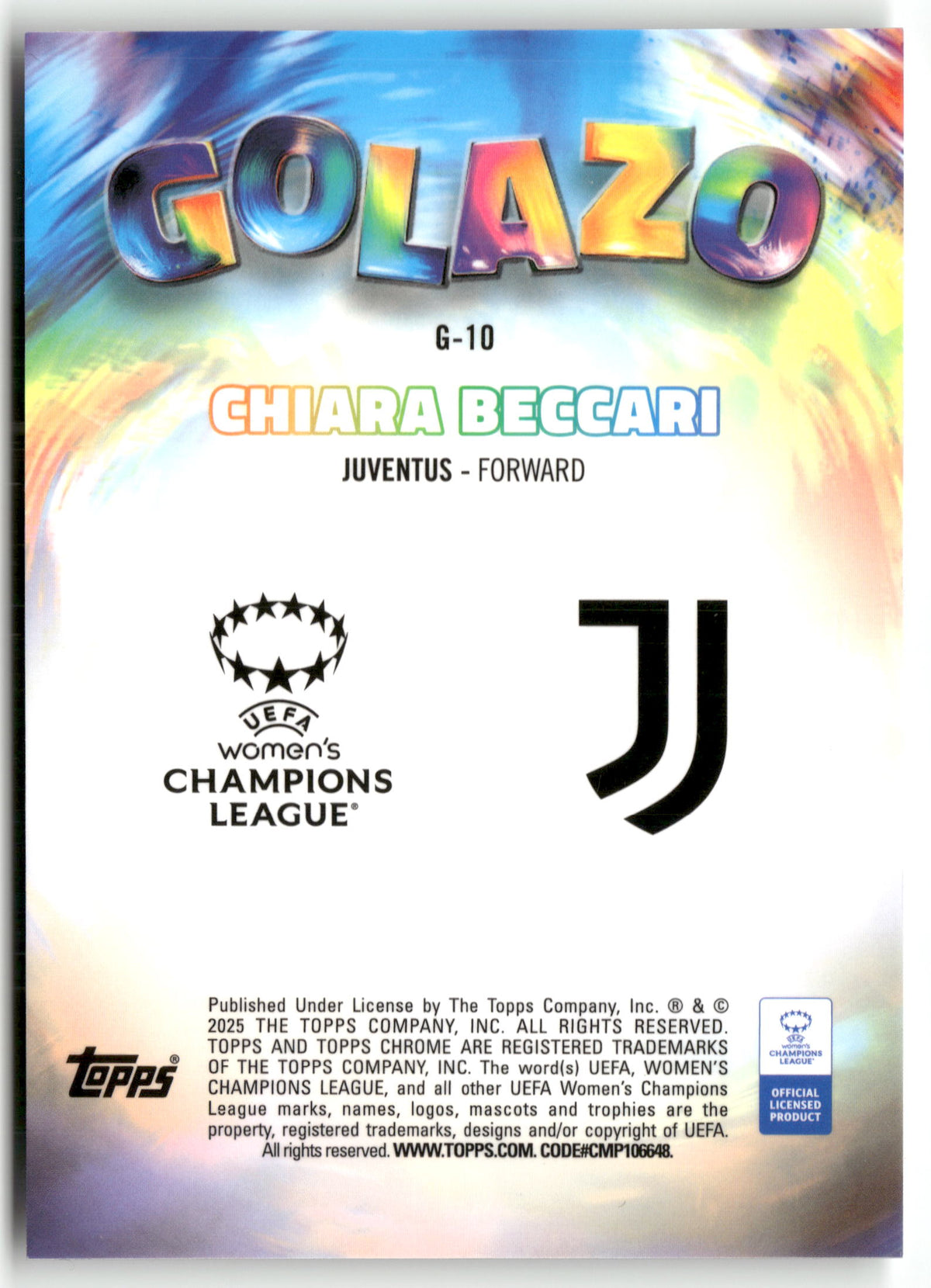 Fußball Chiara Beccari 2025 Topps Chrome UEFA Women's Champions League #G-10 Juventus Rookie Card RC Trading Card Original