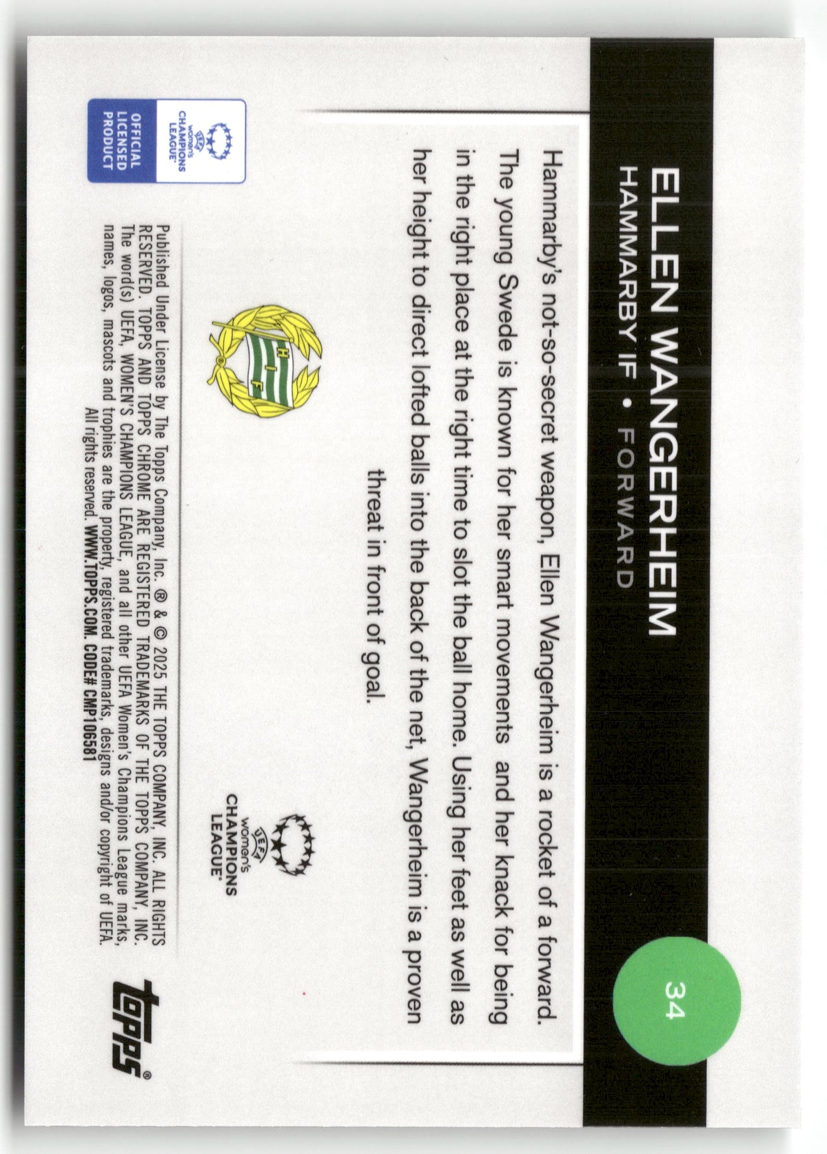 Fußball Ellen Wangerheim 2025 Topps Chrome UEFA Women's Champions League #34 Mini Diamond Hammarby IF Rookie Card RC Trading Card Original