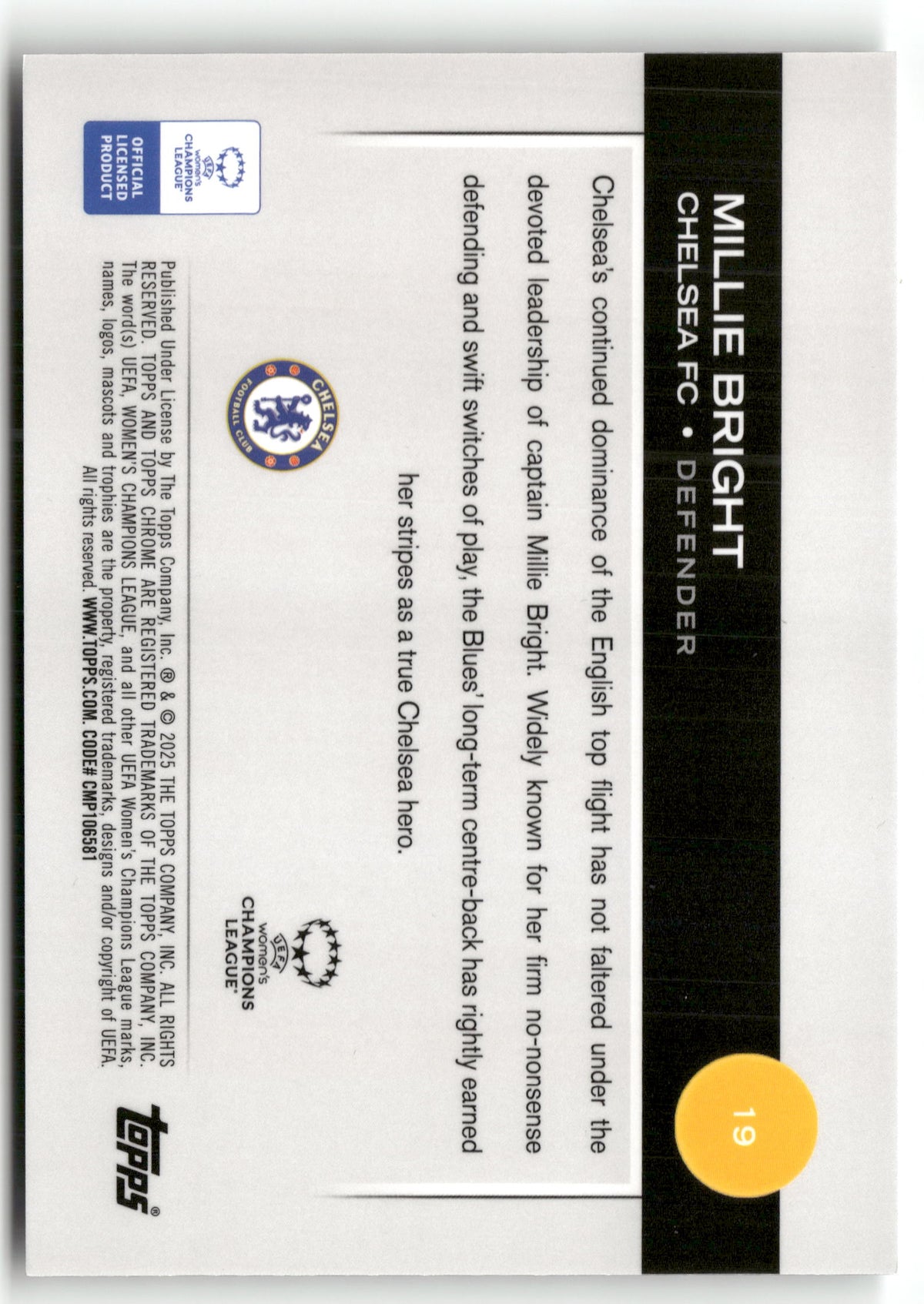 Fußball Millie Bright Topps Chrome Women's Champions League 2025 #19 Mini Diamond Chelsea FC Trading Card Original