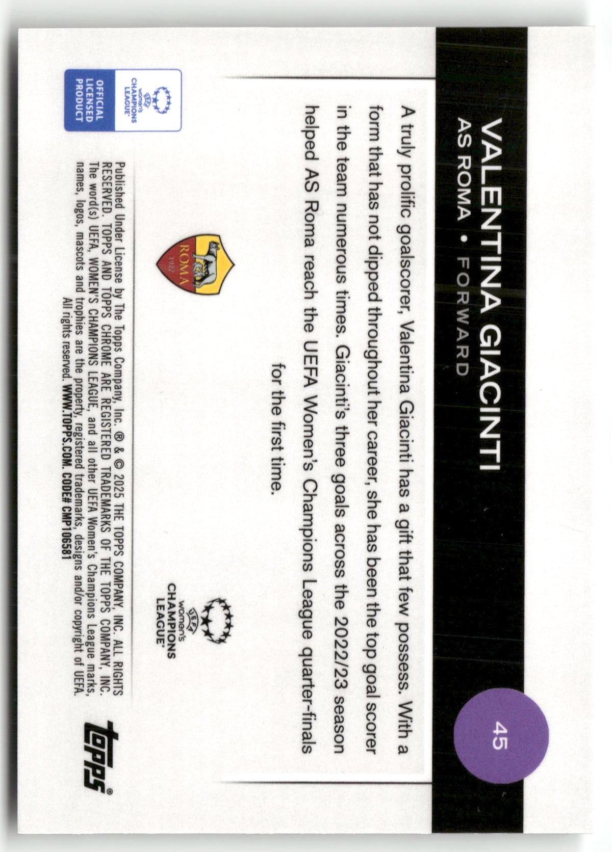 Fußball Valentina Giacinti Topps Chrome UEFA Women's Champions League 2025 #45 Mini Diamond AS Roma Trading Card Original