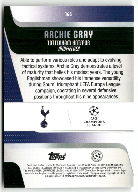 Pokémon TCG Archie Gray 2025-26 Topps UEFA Champions League #165 Raindrop Foil Tottenham Hotspur Trading Card Original