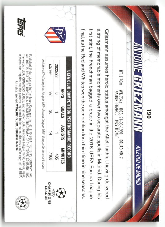 Pokémon TCG Antoine Griezmann 2024-25 Topps UEFA Champions League #190 Atlético de Madrid Trading Card Original