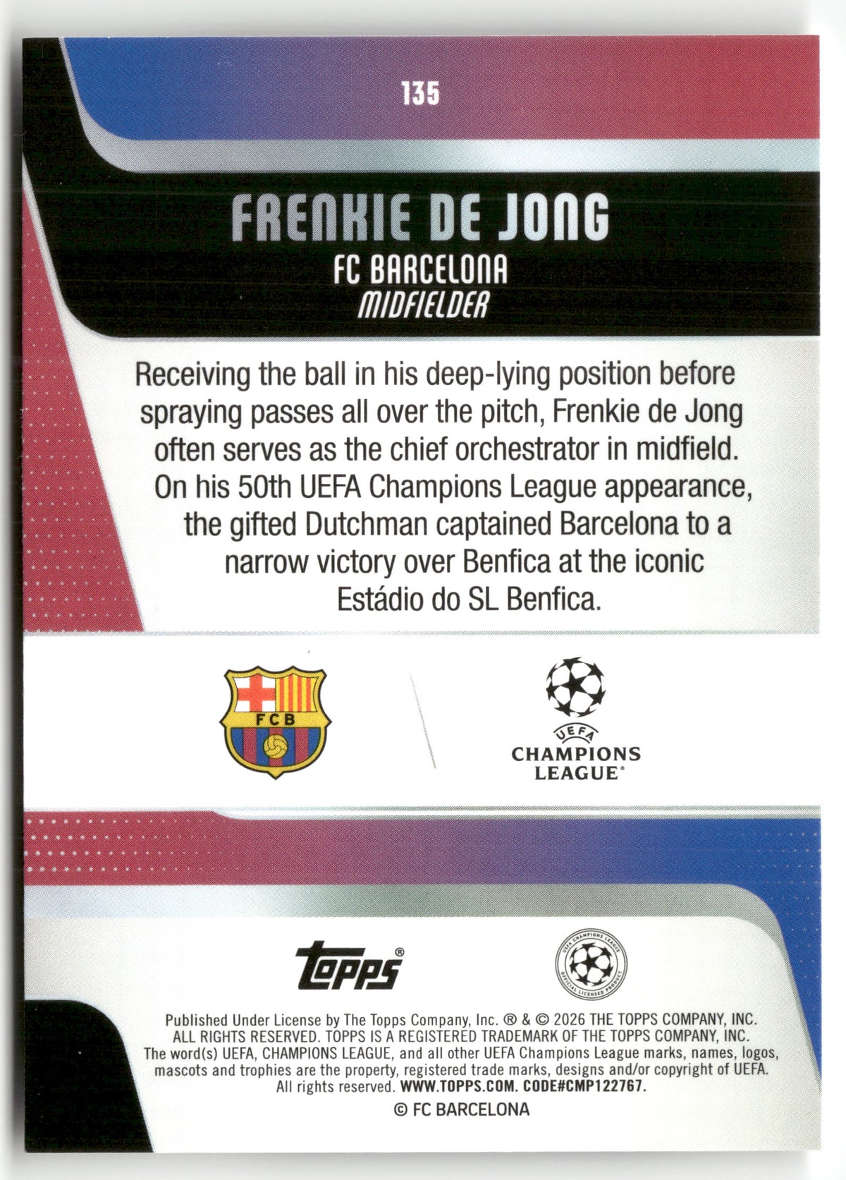 Pokémon TCG Frenkie de Jong 2025-26 Topps UEFA Champions League #135 FC Barcelona Trading Card Original