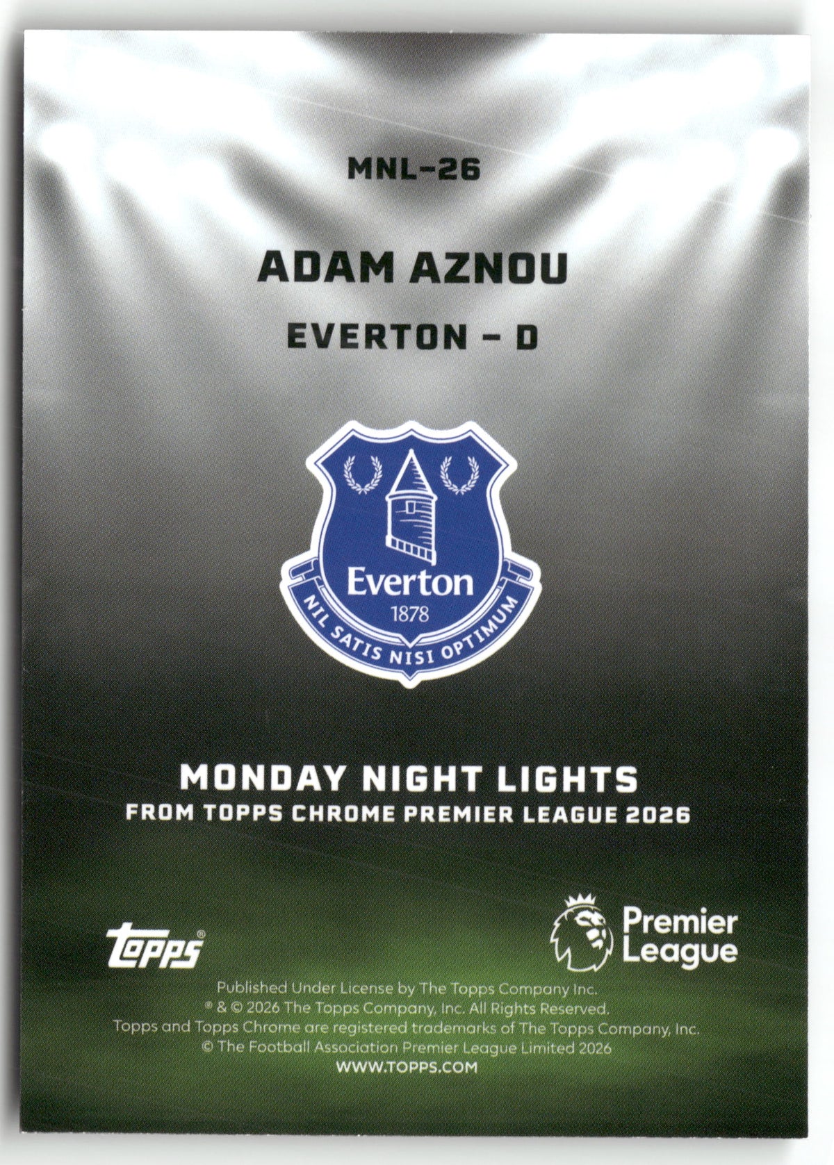 Pokémon TCG Adam Aznou Topps Chrome Premier League 2026 2025-26 #MNL-26 Monday Night Lights Everton Trading Card Original