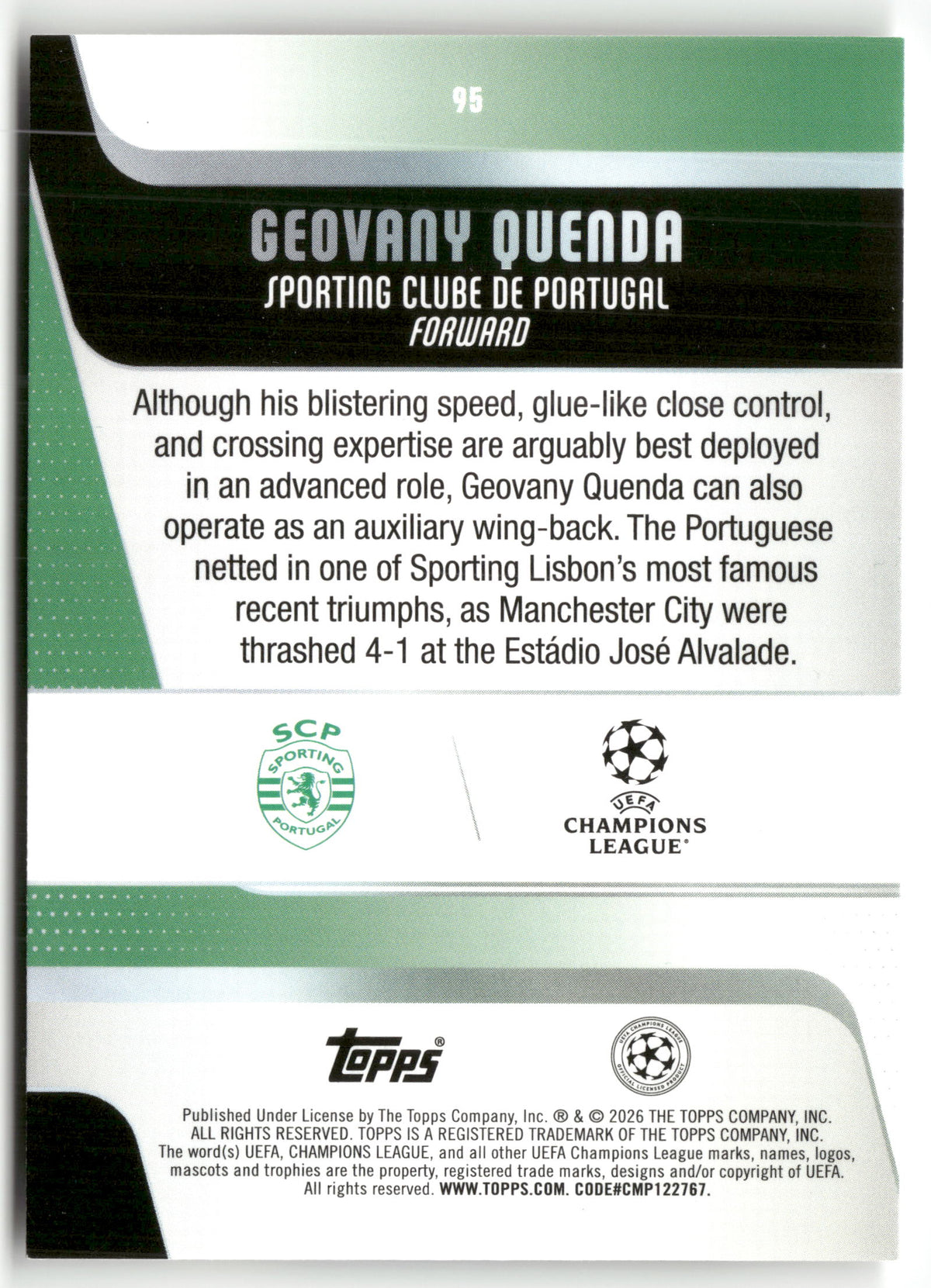 Pokémon TCG Geovany Quenda 2025-26 Topps UEFA Champions League #95 Future Stars Sporting Clube de Portugal Trading Card Original