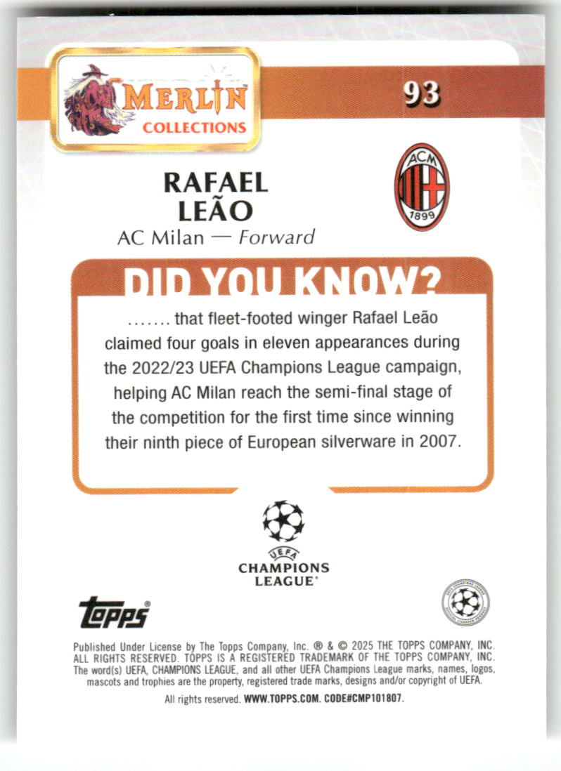 Fußball Rafael Leão Topps Merlin UEFA Champions League 2023-24 #93 AC Milan Trading Card Original