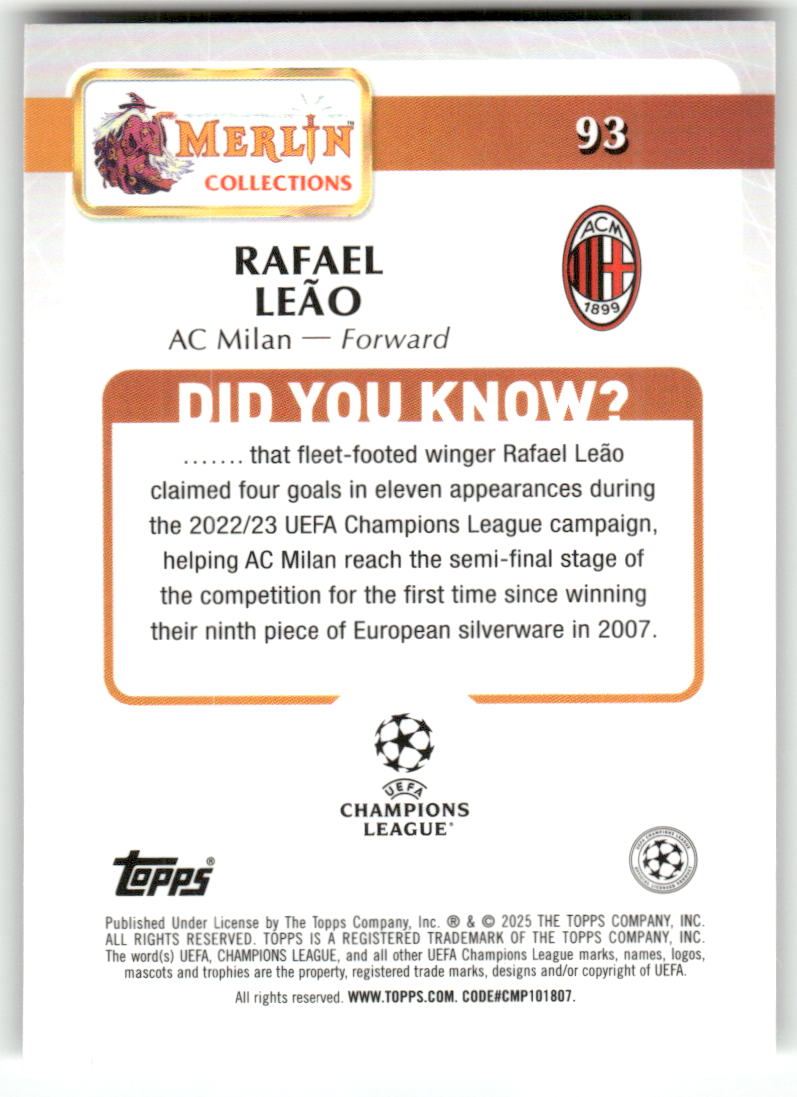 Fußball Rafael Leão Topps Merlin UEFA Champions League 2024-25 #93 AC Milan Trading Card Original