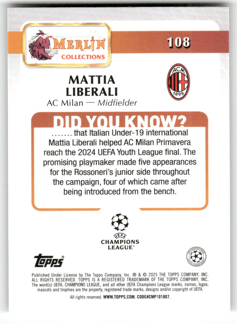 Fußball Mattia Liberali Topps Merlin Collections UEFA Champions League 2024-25 #108 AC Milan Rookie Card RC Trading Card Original