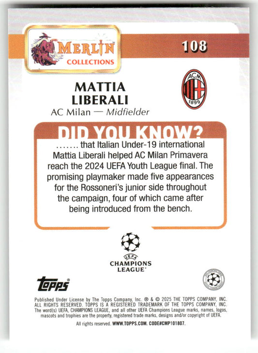 Fußball Mattia Liberali Topps Merlin Collections UEFA Champions League 2024-25 #108 AC Milan Rookie Card RC Trading Card Original