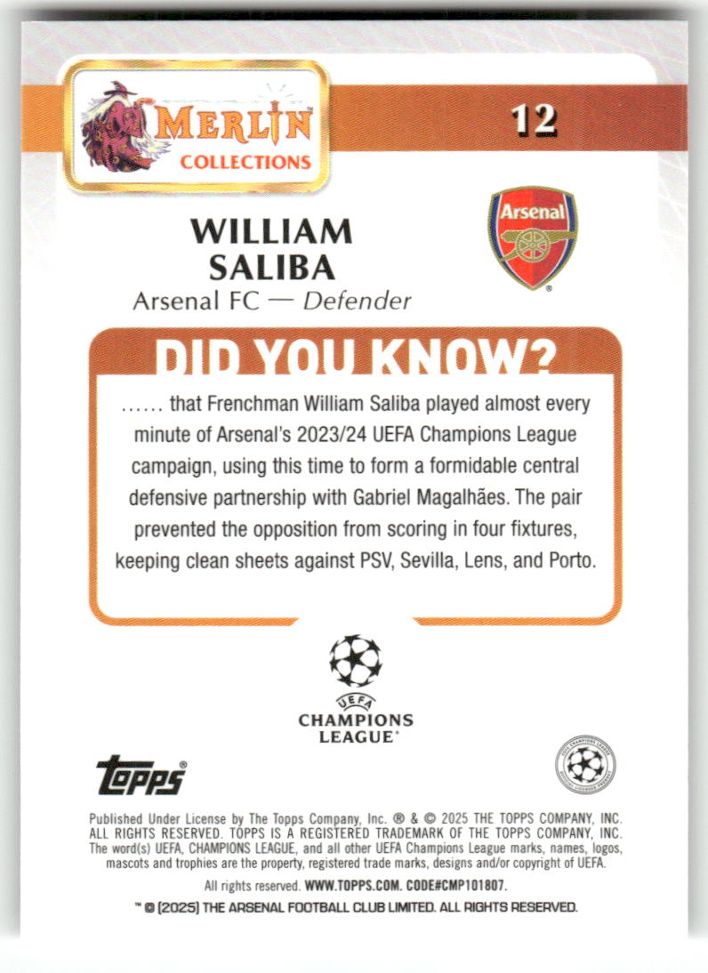 Fußball William Saliba 2024-25 Topps Merlin UEFA Champions League #12 Arsenal FC Trading Card Original