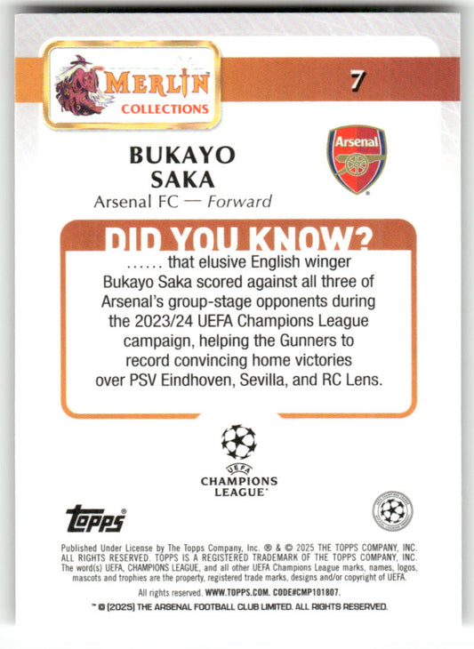 Fußball Bukayo Saka 2024-25 Topps Merlin UEFA Champions League #7 Arsenal FC Trading Card Original