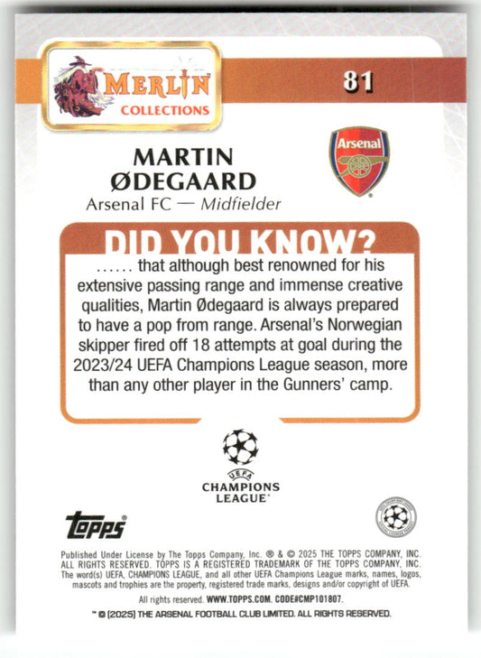 Fußball Martin Ødegaard 2024-25 Topps Merlin UEFA Champions League #81 Arsenal FC Trading Card Original