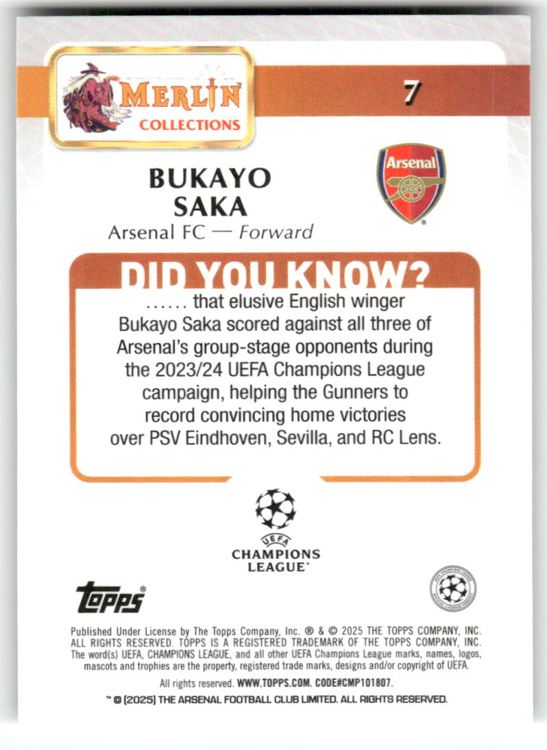 Fußball Bukayo Saka Topps Merlin Collections UEFA Champions League 2024-25 #7 Arsenal FC Trading Card Original