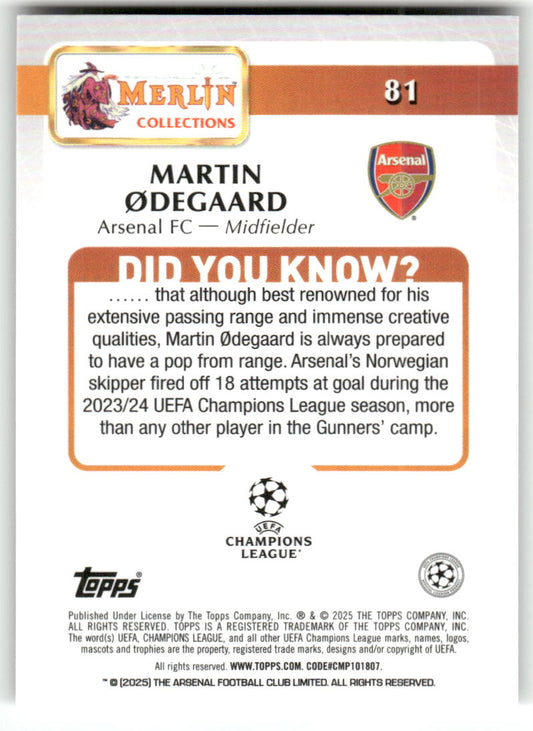 Fußball Martin Ødegaard 2024-25 Topps Merlin UEFA Champions League #81 Arsenal FC Trading Card Original