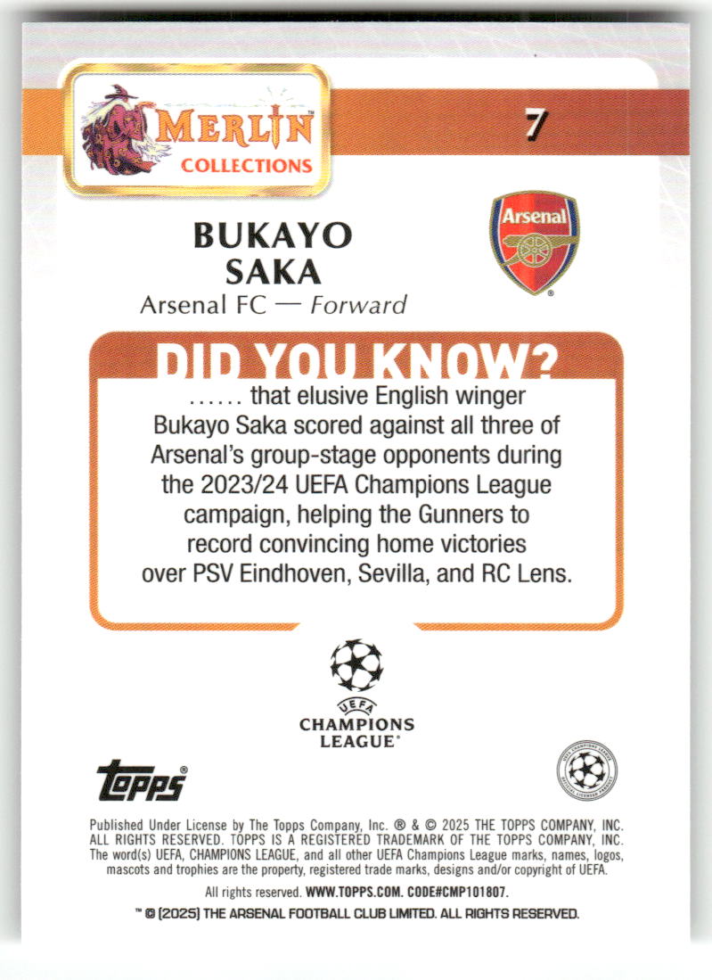 Fußball Bukayo Saka 2024-25 Topps Merlin UEFA Champions League #7 Arsenal FC Trading Card Original