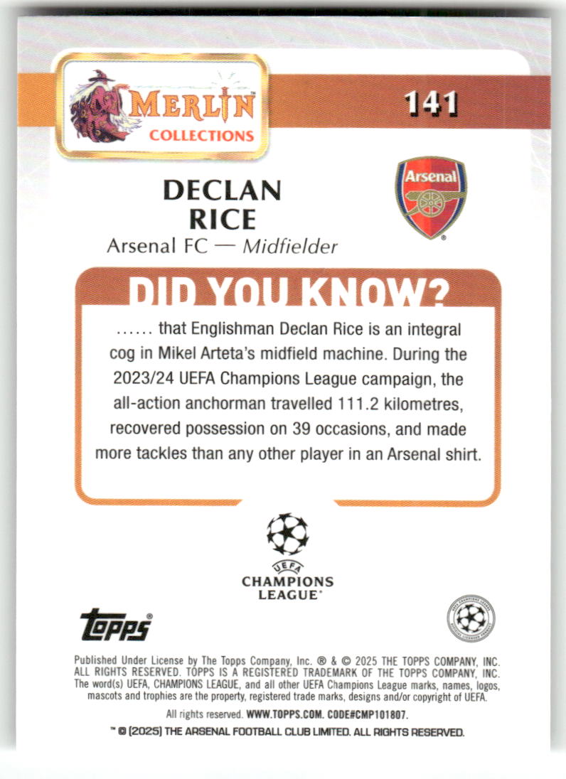 Fußball Declan Rice 2024-25 Topps Merlin UEFA Champions League #141 Arsenal FC Trading Card Original