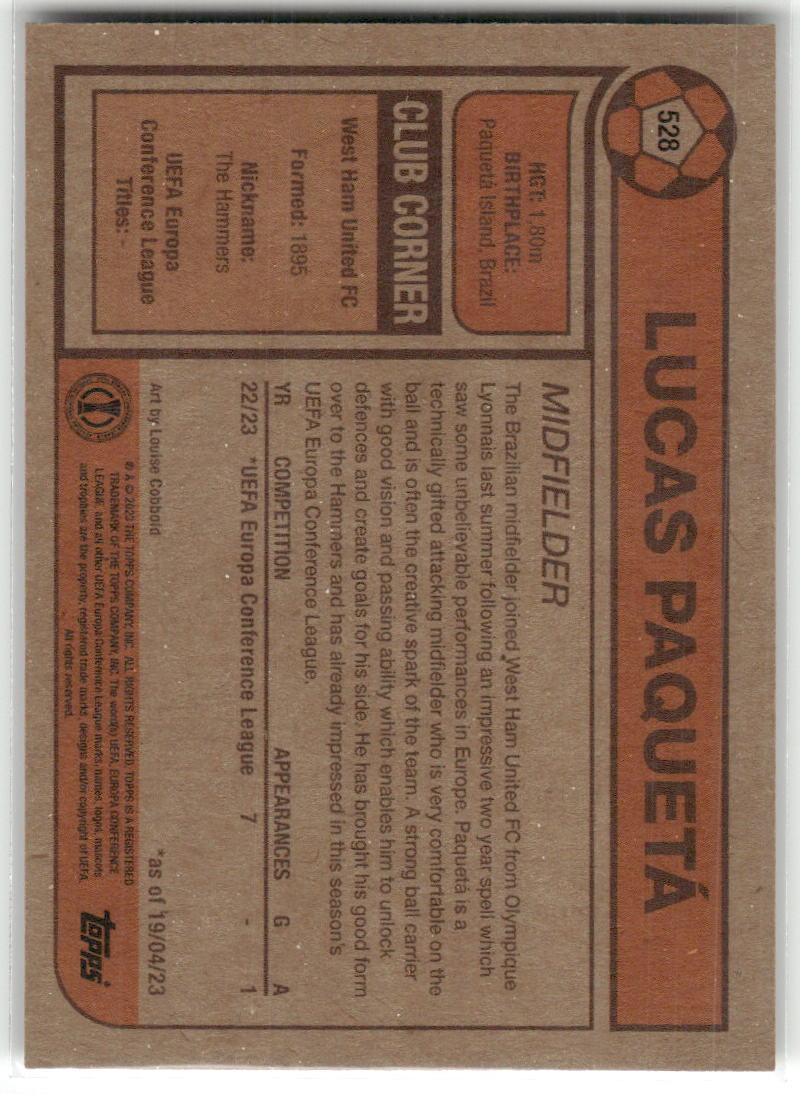 Fußball Lucas Paquetá Topps UEFA Europa Conference League Living Set 2023 #528 West Ham United FC Trading Card Original