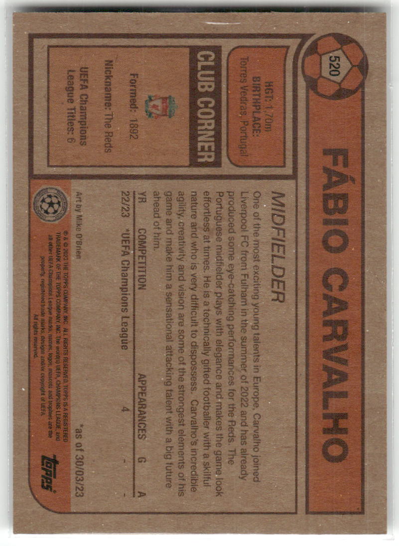 Fußball Fábio Carvalho Topps UEFA Champions League Living Set 2022-23 #520 Liverpool FC Rookie Card RC Trading Card Original