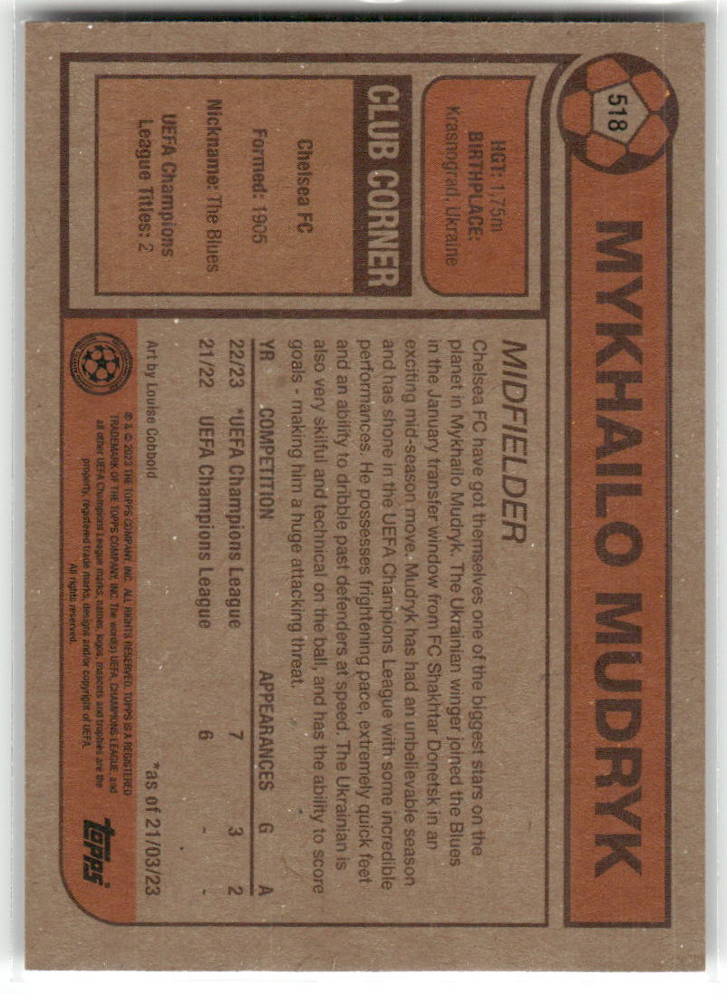 Fußball Mykhailo Mudryk Topps UEFA Champions League Living Set 2023 #518 Chelsea FC Rookie Card RC Trading Card Original