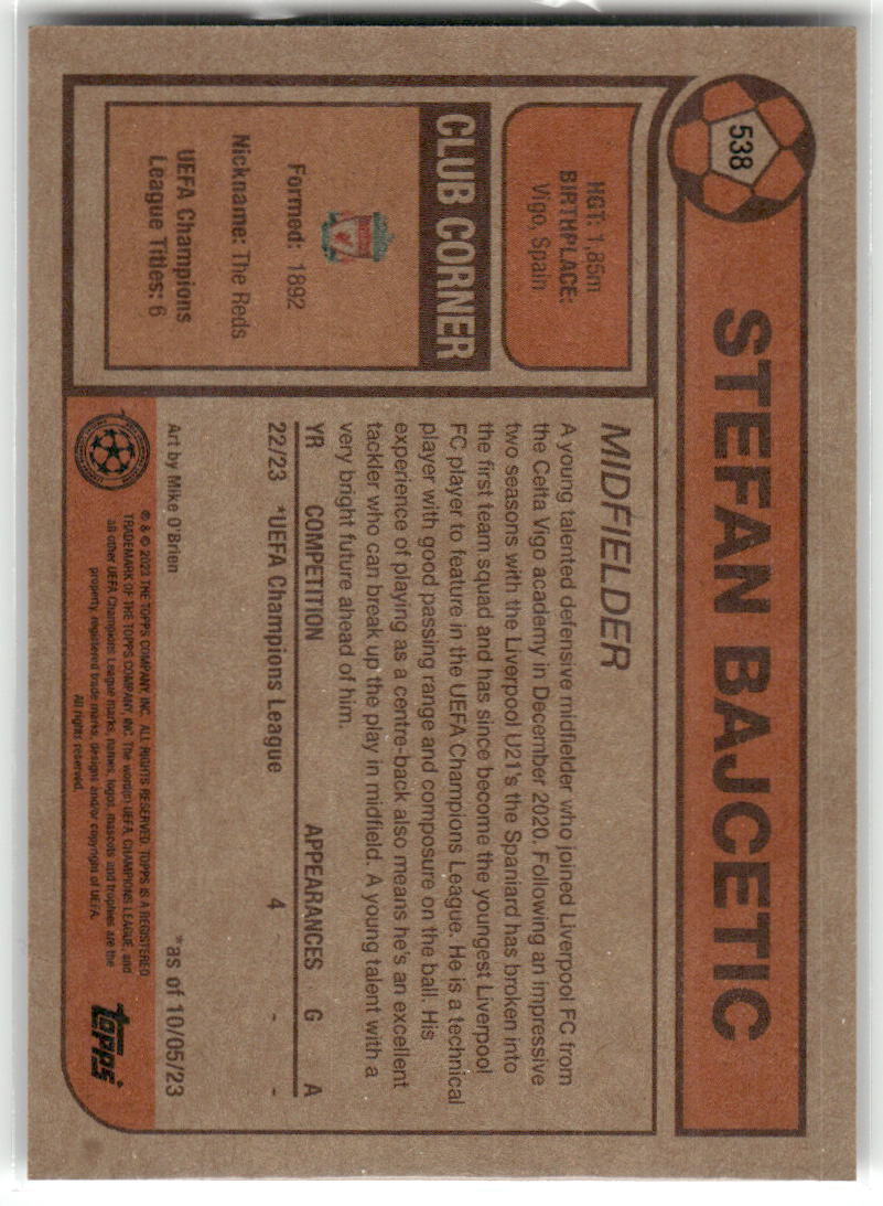 Fußball Stefan Bajcetic Topps UEFA Champions League Living Set 2022-23 #538 Liverpool FC Rookie Card RC Trading Card Original