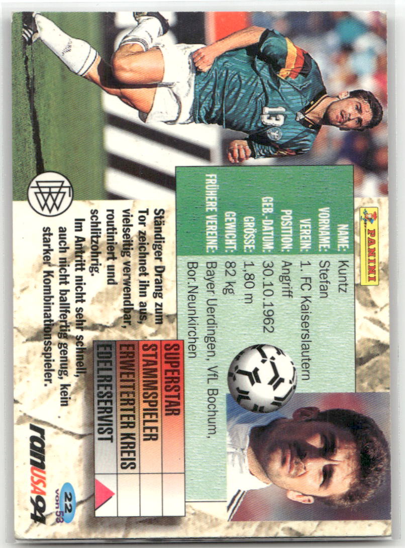 Fußball Stefan Kuntz Panini Weltmeisterschaft 1994 / Fan USA 94 #22 1. FC Kaiserslautern Trading Card Original