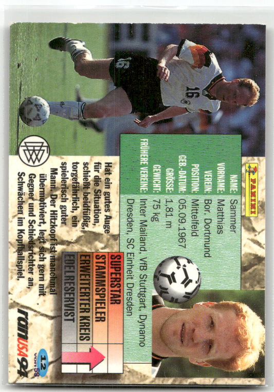 Fußball Matthias Sammer Panini Fan USA 94 Weltmeisterschaft 1994 #12 Borussia Dortmund Trading Card Original
