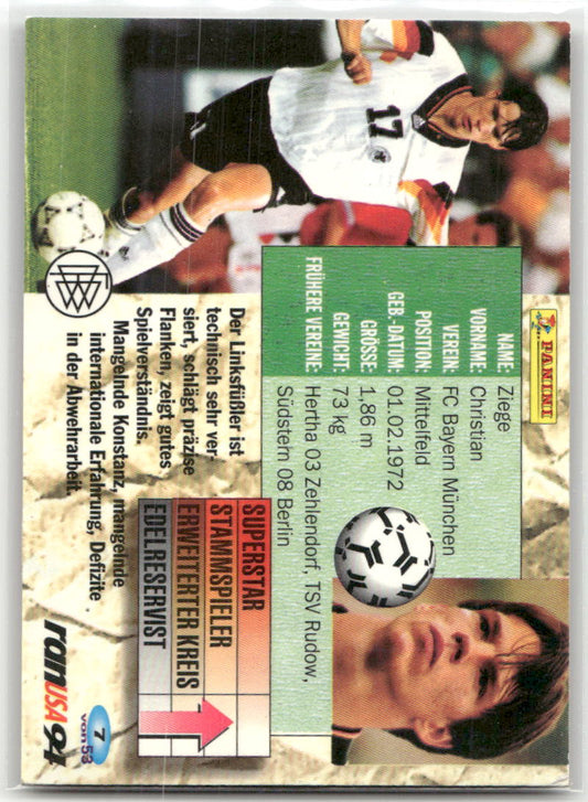 Fußball Christian Ziege Panini ran USA 94 Weltmeisterschaft 1994 #7 FC Bayern München Trading Card Original