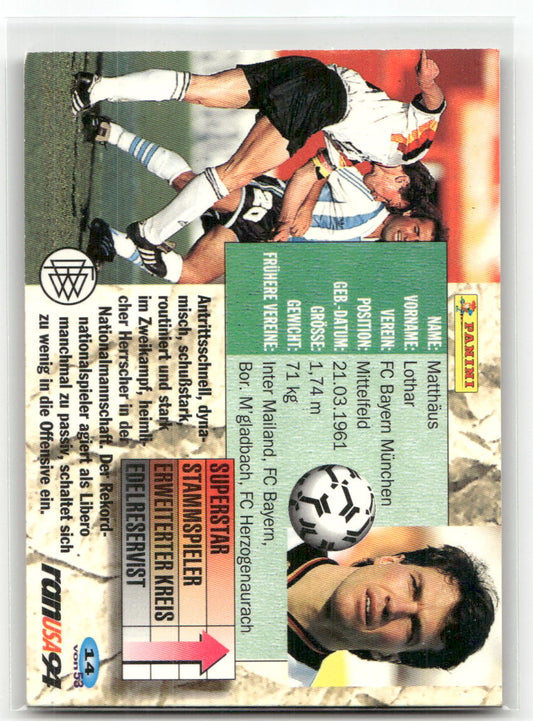 Fußball Lothar Matthäus Panini Fan USA 94 Weltmeisterschaft 1994 Champion Cards #14 FC Bayern München Trading Card Original