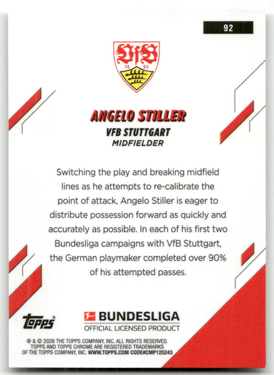 Fußball Angelo Stiller Topps Chrome Bundesliga 2025-26 #92 VfB Stuttgart Trading Card Original