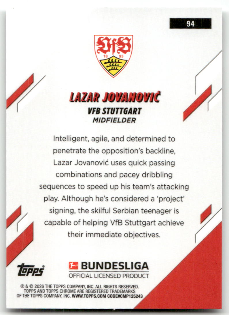 Fußball Lazar Jovanović 2025-26 Topps Chrome Bundesliga #94 VfB Stuttgart Rookie Card RC Trading Card Original