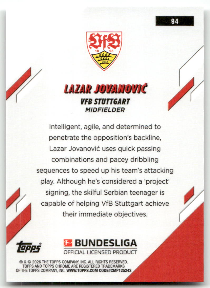 Fußball Lazar Jovanović Topps Chrome Bundesliga 2025-26 #94 VfB Stuttgart Rookie Card RC Trading Card Original