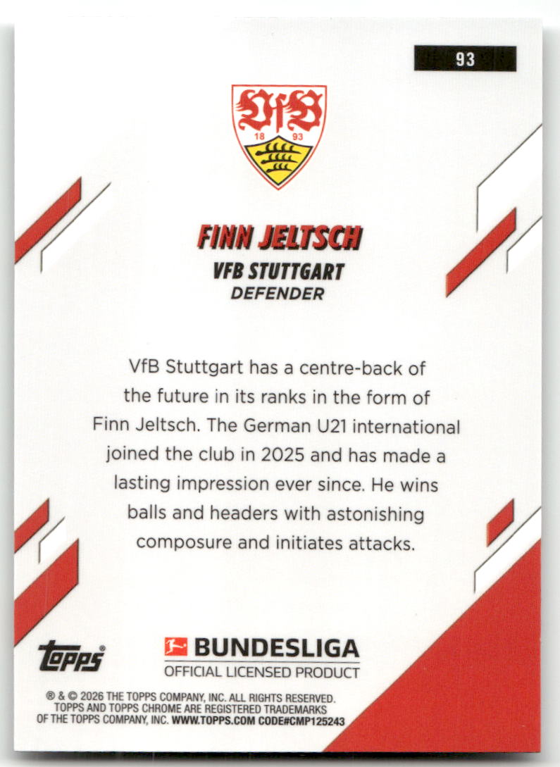 Fußball Finn Jeltsch 2025-26 Topps Chrome Bundesliga #93 VfB Stuttgart Rookie Card RC Trading Card Original