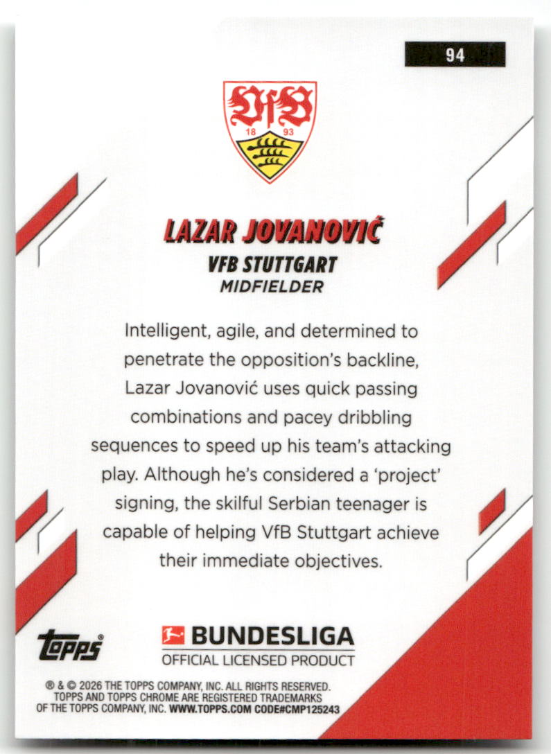 Fußball Lazar Jovanović Topps Chrome Bundesliga 2025-26 #94 VfB Stuttgart Rookie Card RC Trading Card Original