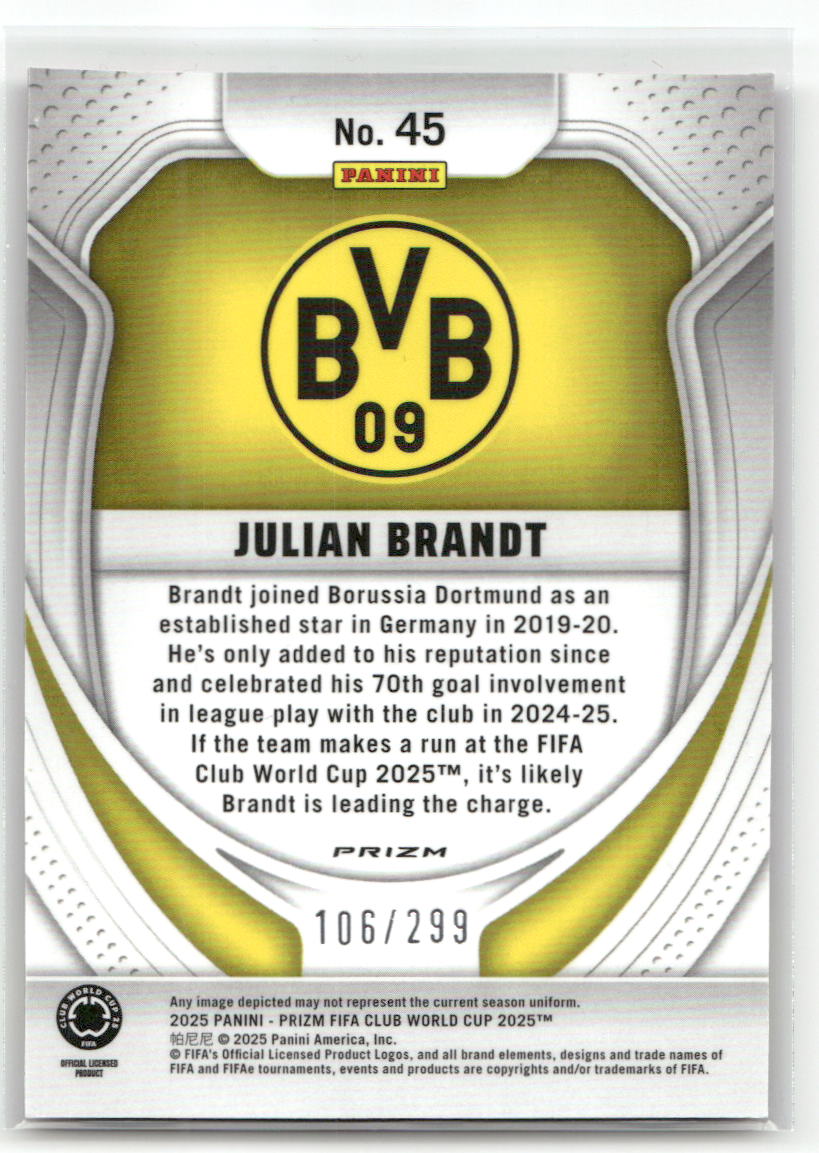 Fußball Julian Brandt 2025 Panini Prizm FIFA Club World Cup #45 Purple Raywave /299 Borussia Dortmund Trading Card Original