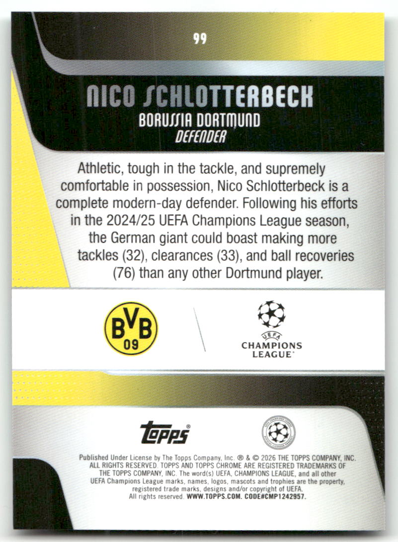Fußball Nico Schlotterbeck 2025-26 Topps Chrome UEFA Champions League #99 True Aqua /199 Borussia Dortmund Trading Card Original