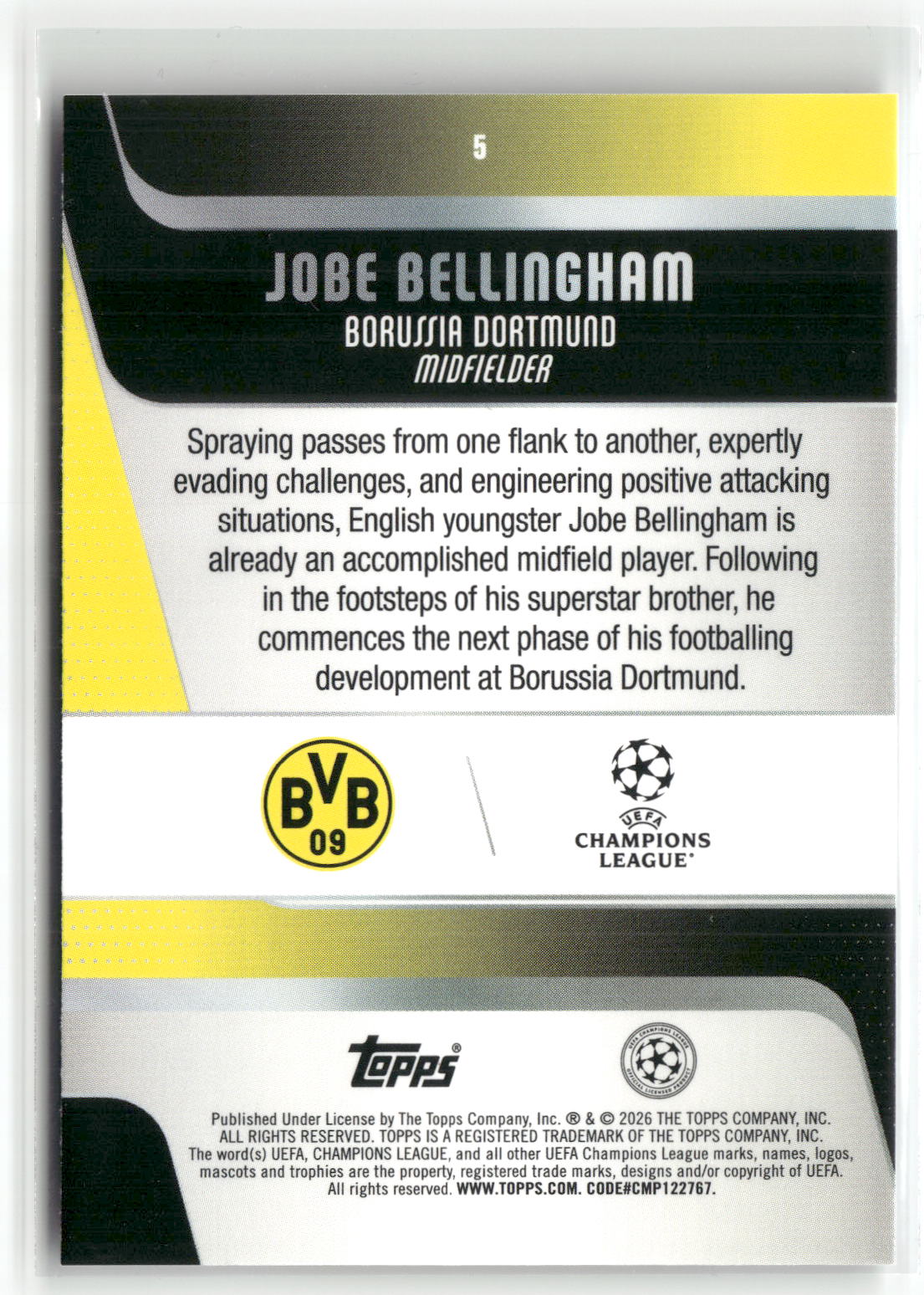 Fußball Jobe Bellingham 2025-26 Topps UEFA Champions League #5 Diamante Borussia Dortmund Rookie Card RC Trading Card Original