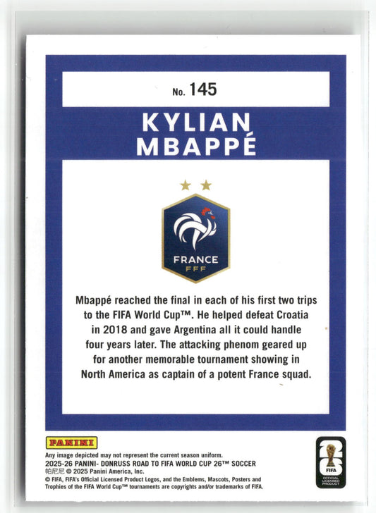 Fußball Kylian Mbappé 2025-26 Panini Donruss Road to FIFA World Cup 26 Soccer #145 Silver France Trading Card Original