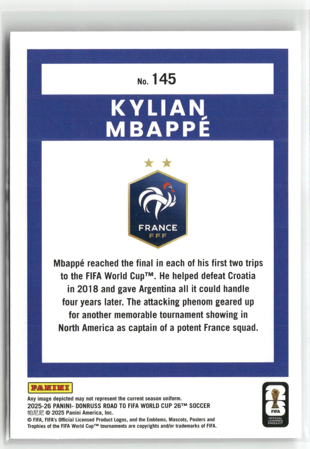 Fußball Kylian Mbappé 2025-26 Panini Donruss Road to FIFA World Cup 26 Soccer #145 Silver France Trading Card Original