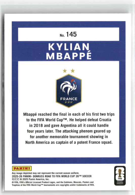 Fußball Kylian Mbappé 2025-26 Panini Donruss Road to FIFA World Cup 26 Soccer #145 Silver France Trading Card Original