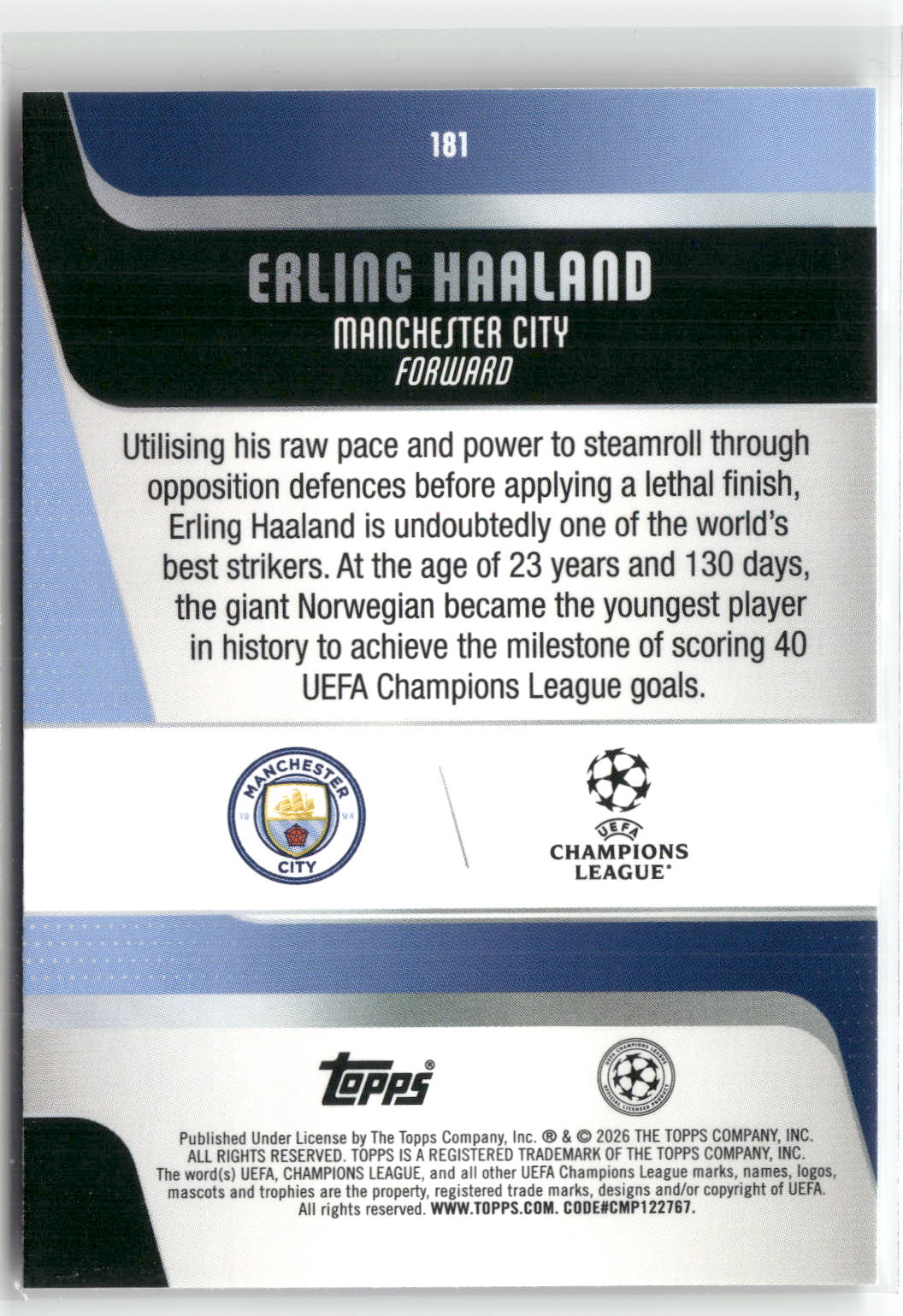 Fußball Erling Haaland 2025-26 Topps UEFA Champions League #181 Diamante Manchester City Trading Card Original