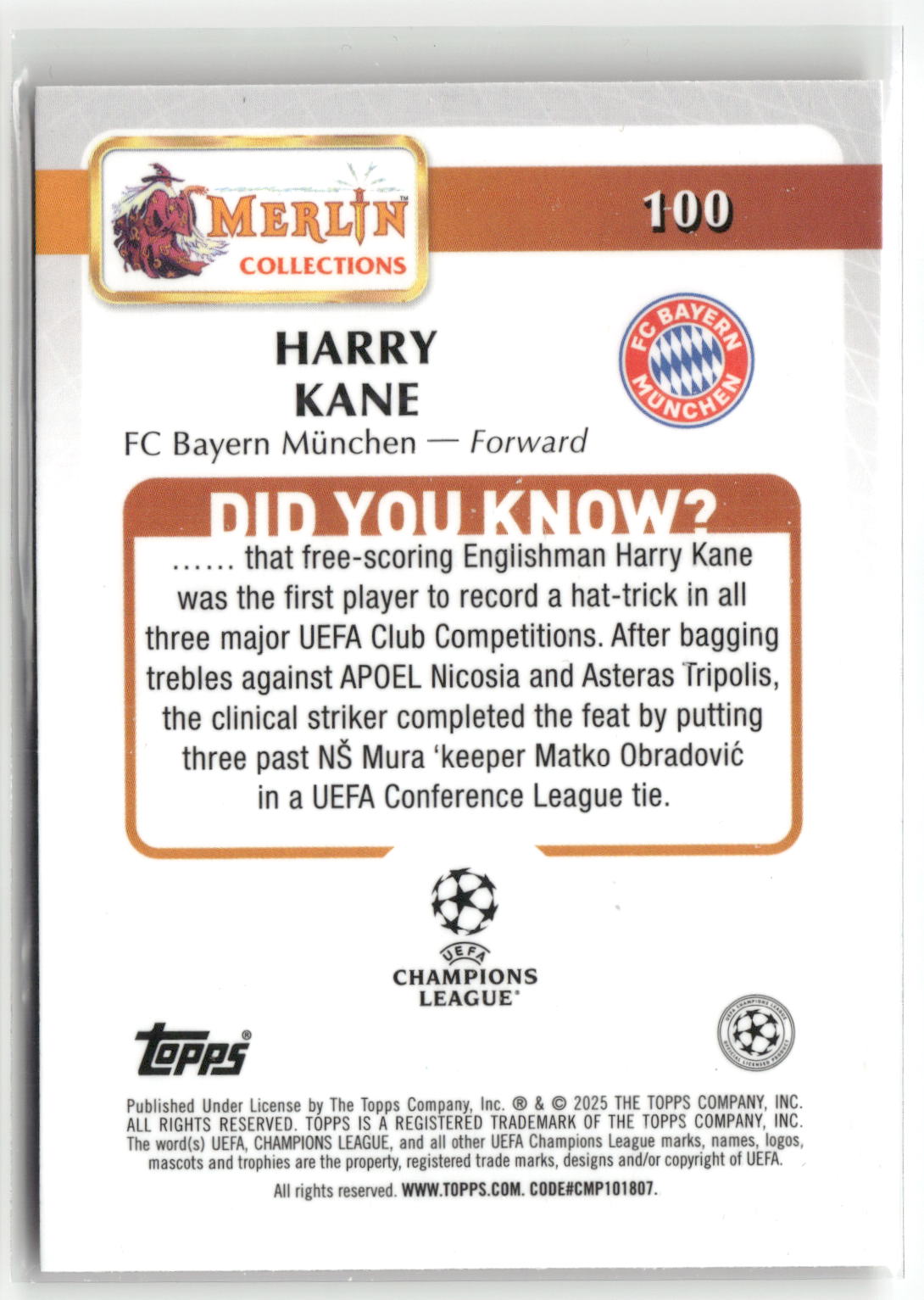 Fußball Harry Kane 2024-25 Topps Merlin UEFA Champions League #100 /250 FC Bayern München Trading Card Original