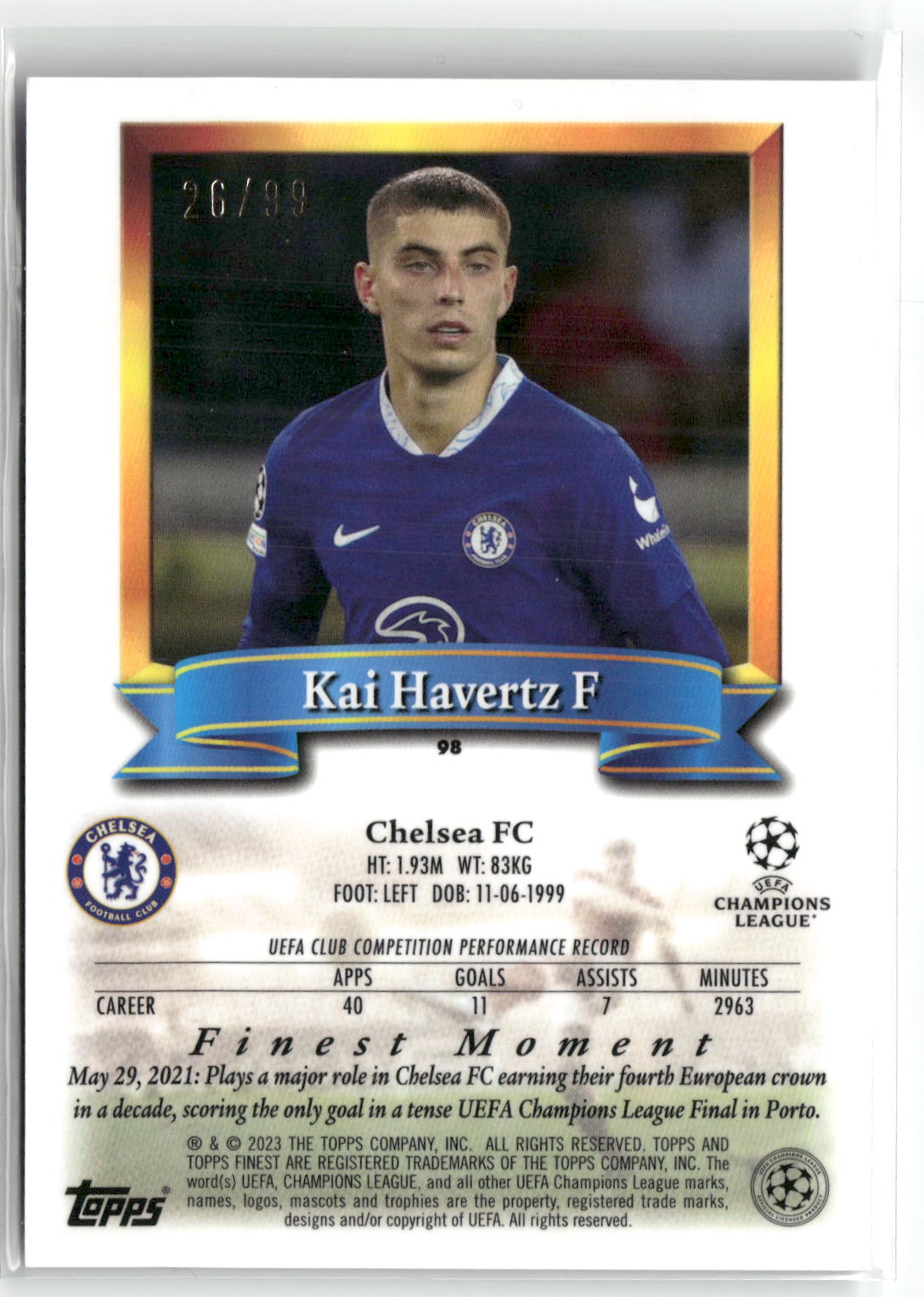 Fußball Kai Havertz 2022-23 Topps Finest UEFA Champions League #98 True Bluie /99 Chelsea FC Trading Card Original