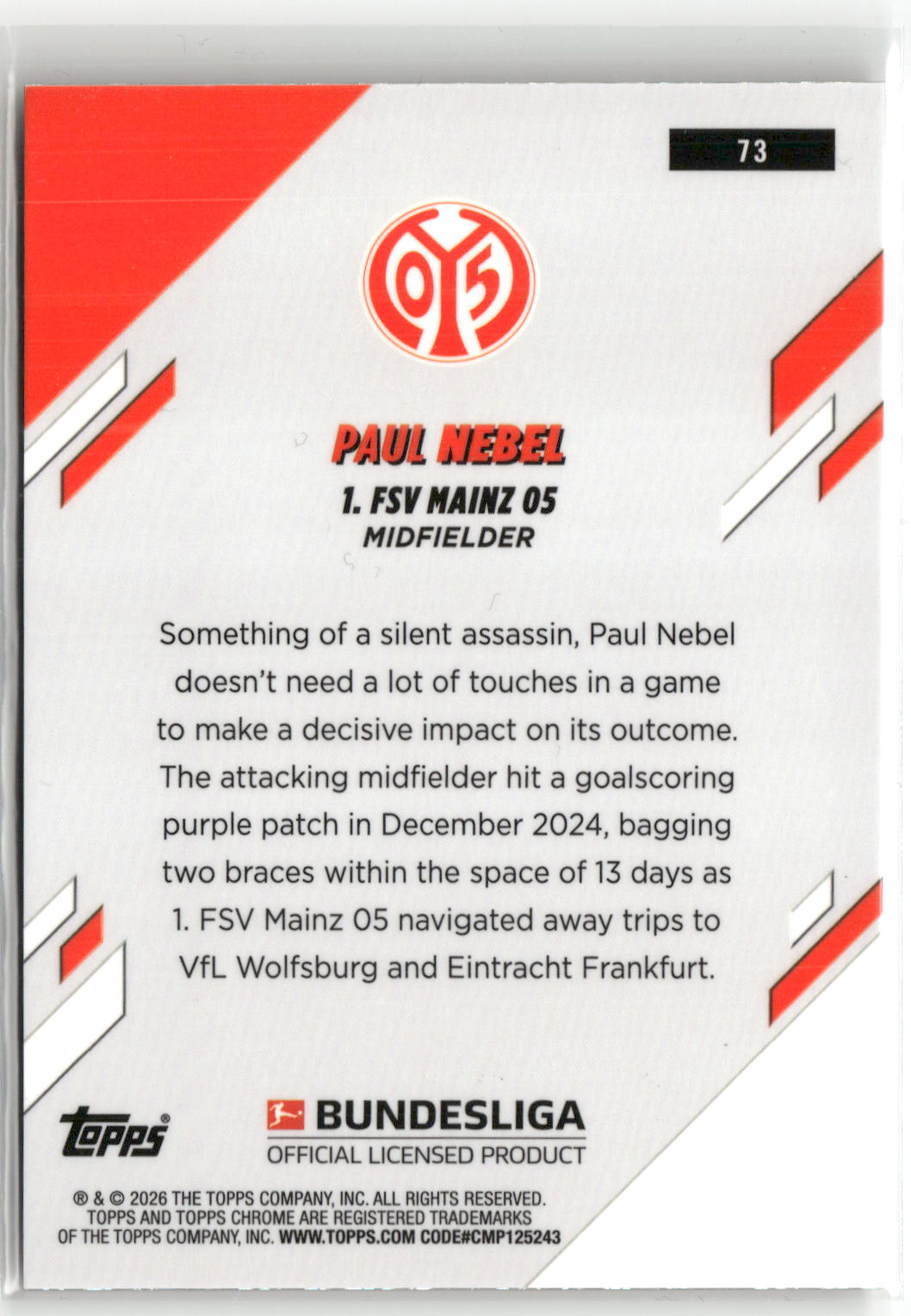 Fußball Paul Nebel 2025-26 Topps Chrome Bundesliga #73 Mini-Diamonds Gold /50 1. FSV Mainz 05 Trading Card Original