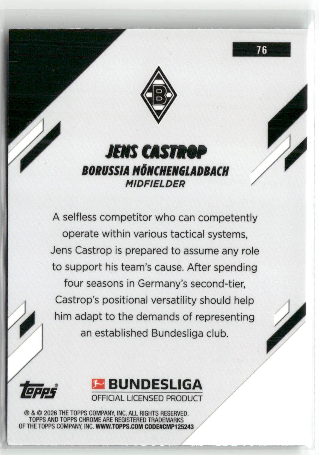 Fußball Jens Castrop Topps Chrome Bundesliga 2025-26 #76 Aqua Mini-Diamonds /199 Rookie Borussia Mönchengladbach Rookie Card RC Trading Card Original