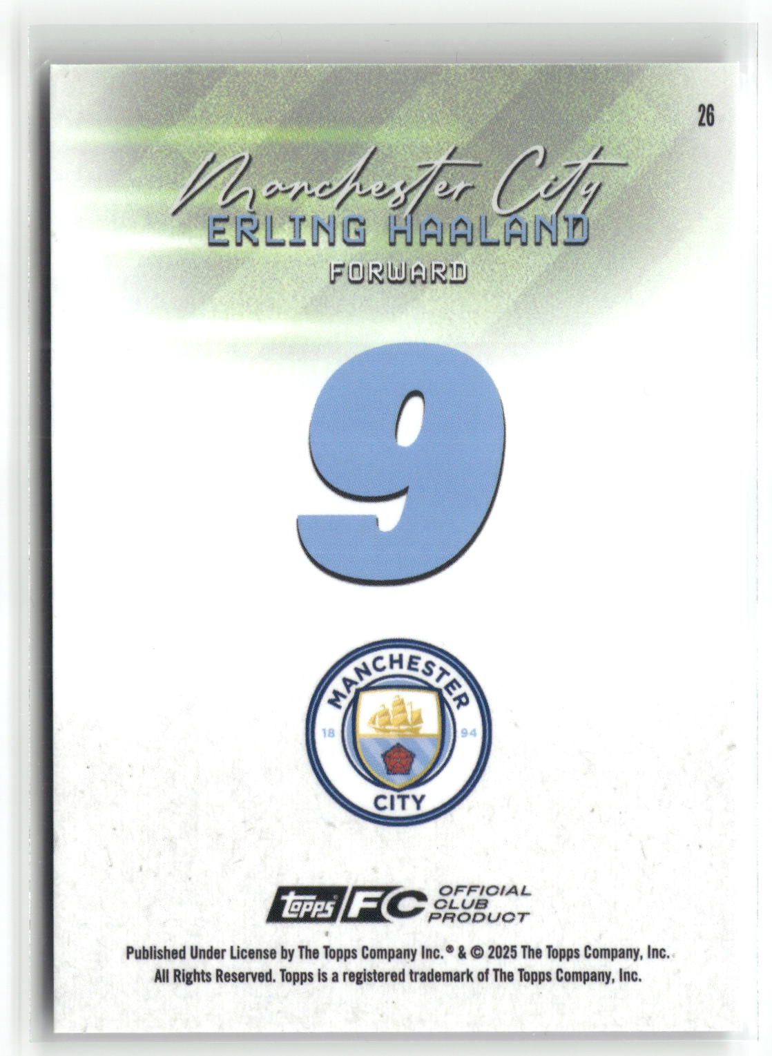Fußball Erling Haaland 2025 Topps FC Manchester City #26 Disco Manchester City Trading Card Original