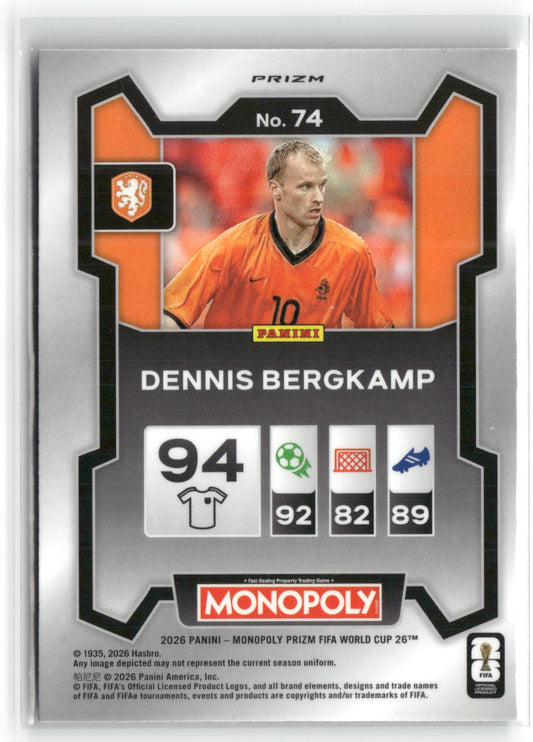 Fußball Dennis Bergkamp 2026 Panini Monopoly Prizm FIFA World Cup 26 #74 Four Corners Blue Wave Prizm Netherlands Trading Card Original