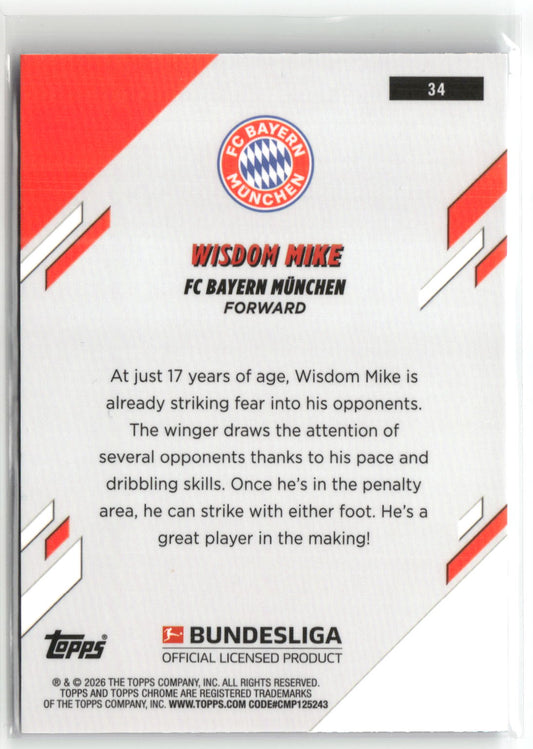 Fußball Wisdom Mike 2025-26 Topps Chrome Bundesliga #34 Blue Mini Diamonds /150 FC Bayern München Rookie Card RC Trading Card Original