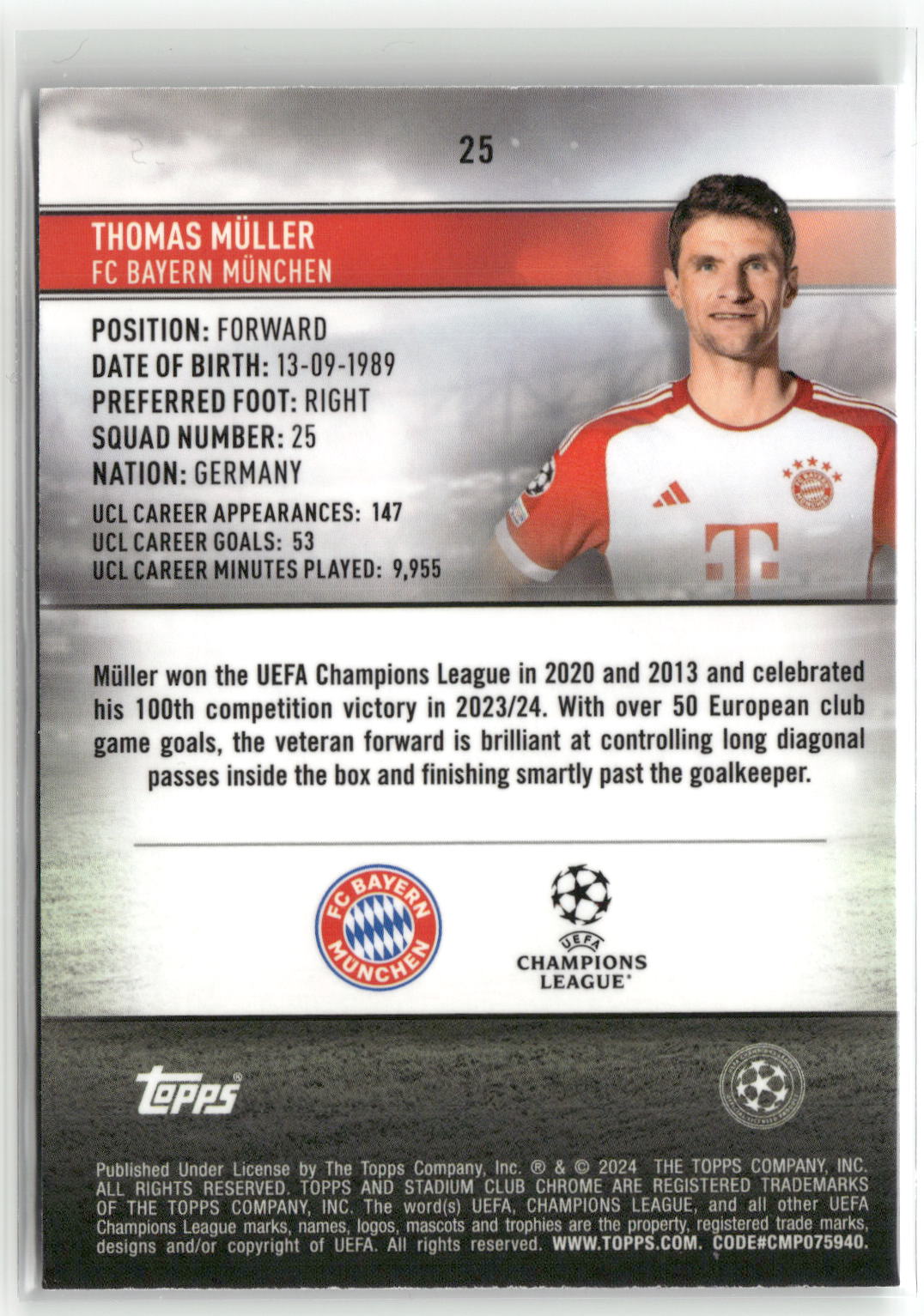 Fußball Thomas Müller 2024 Topps Stadium Club Chrome UEFA Champions League #25 Electric Aqua /199 FC Bayern München Trading Card Original