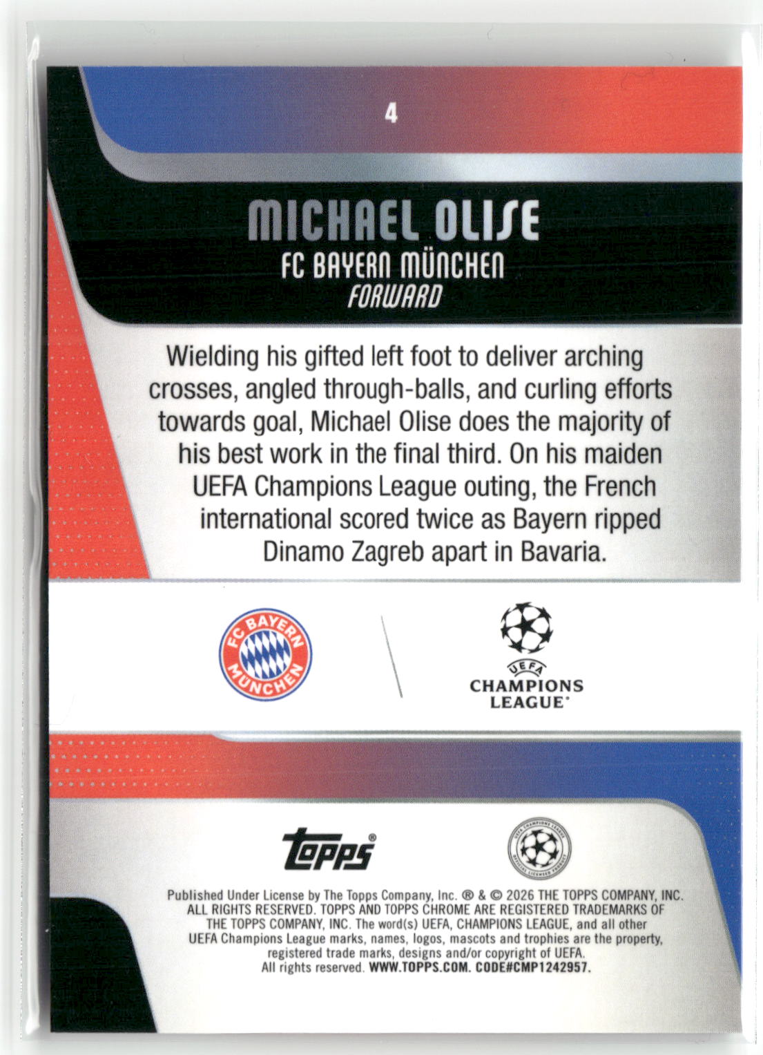 Fußball Michael Olise 2024-25 Topps Chrome UEFA Champions League #4 X-Fractor FC Bayern München Trading Card Original